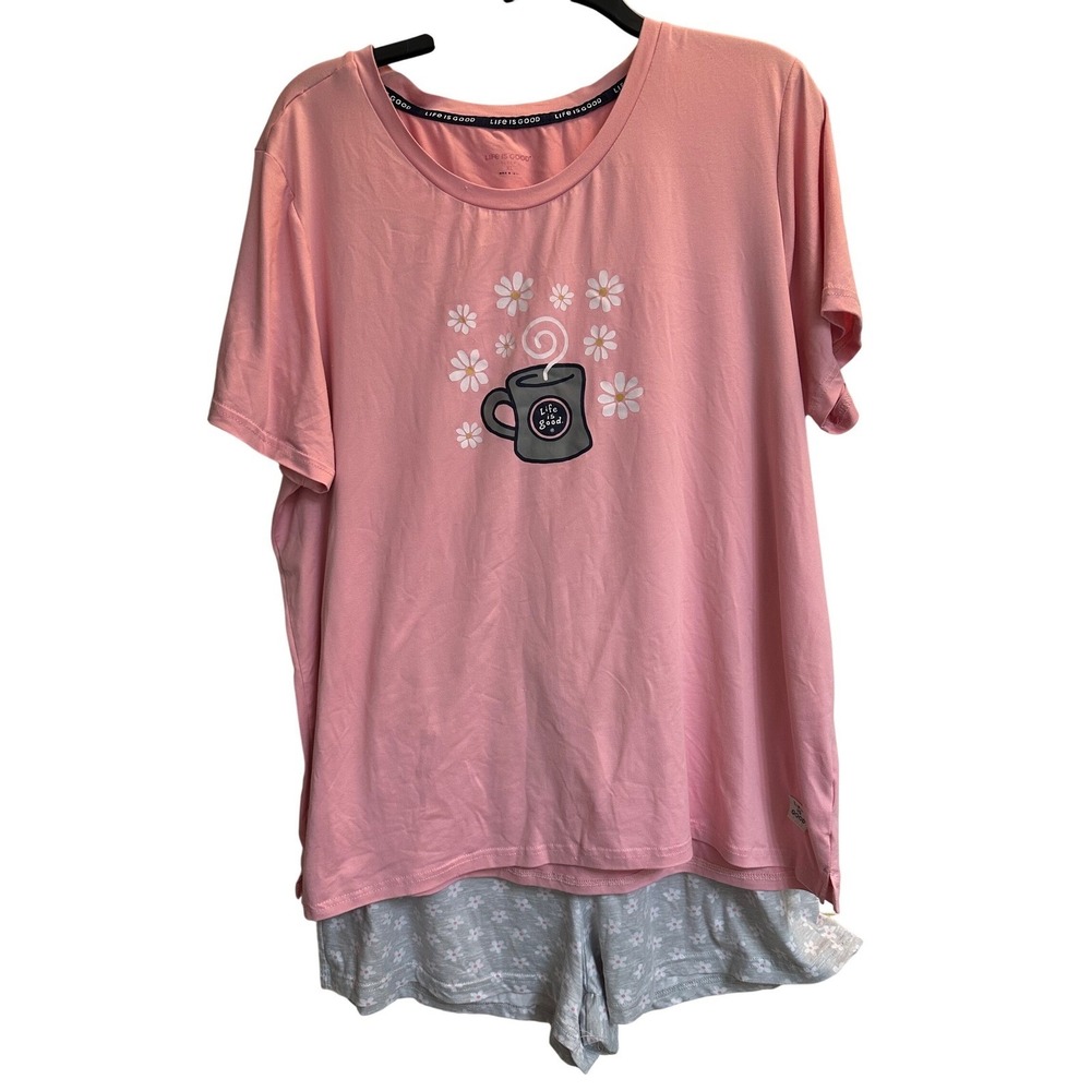 Life is Good Sleep Womens 3 Piece Pajama Set Pink Coffee Daisy Shorts XL